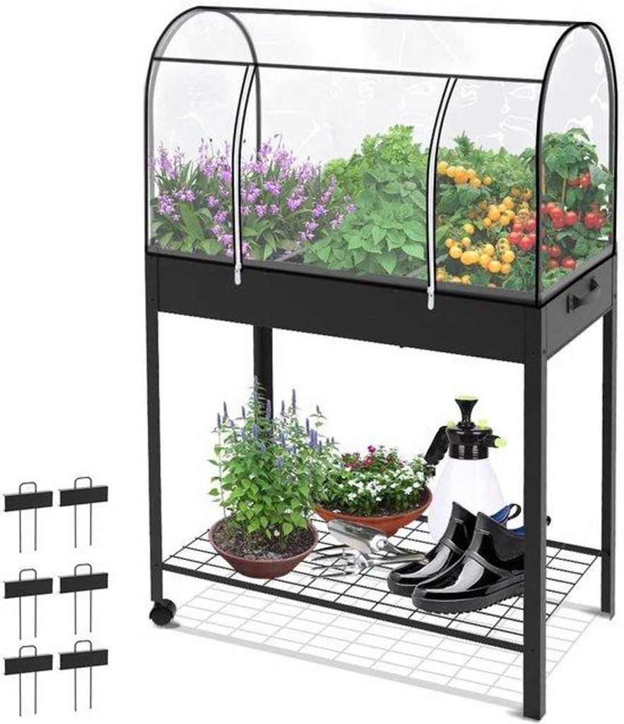 Metallenes Hochbett mit Rädern und Kräutergarten - für Balkon und Garten - 80,5 x 43 x 130 cm