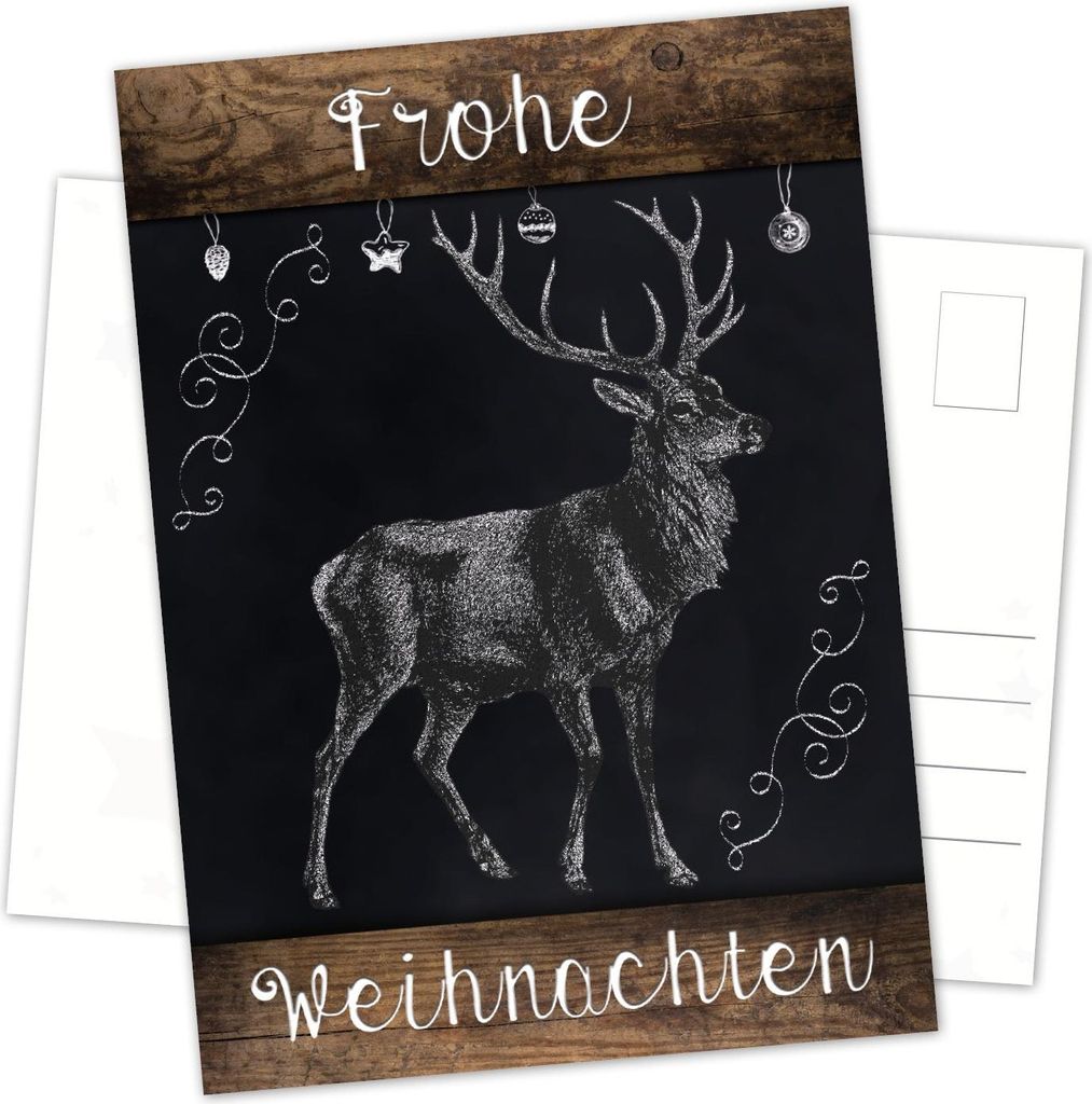 Postkarten Weihnachten DIN A6 hoch Tafelkreide-Optik schwarz weiß mit Holzoptik und Hirsch-Motiv 10 Stück50 Stück