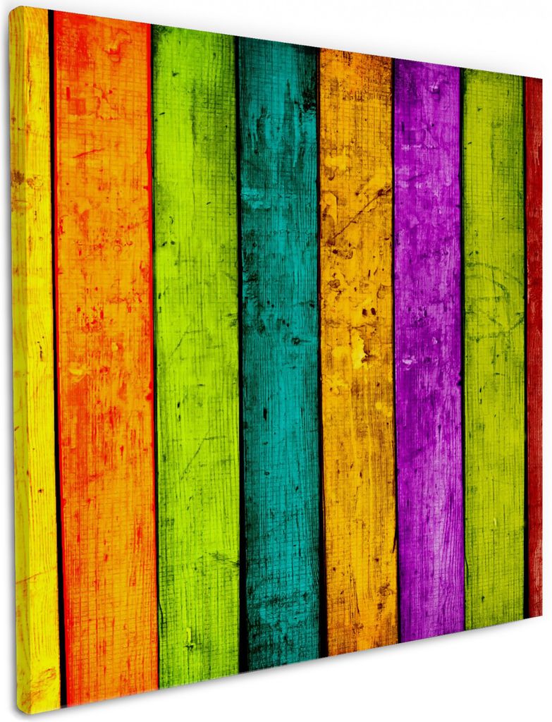 Wallario Premium Leinwandbild Buntes Holz - bunte Streifen mit Farbe und Holzstruktur in Größe 50 x 50 cm
