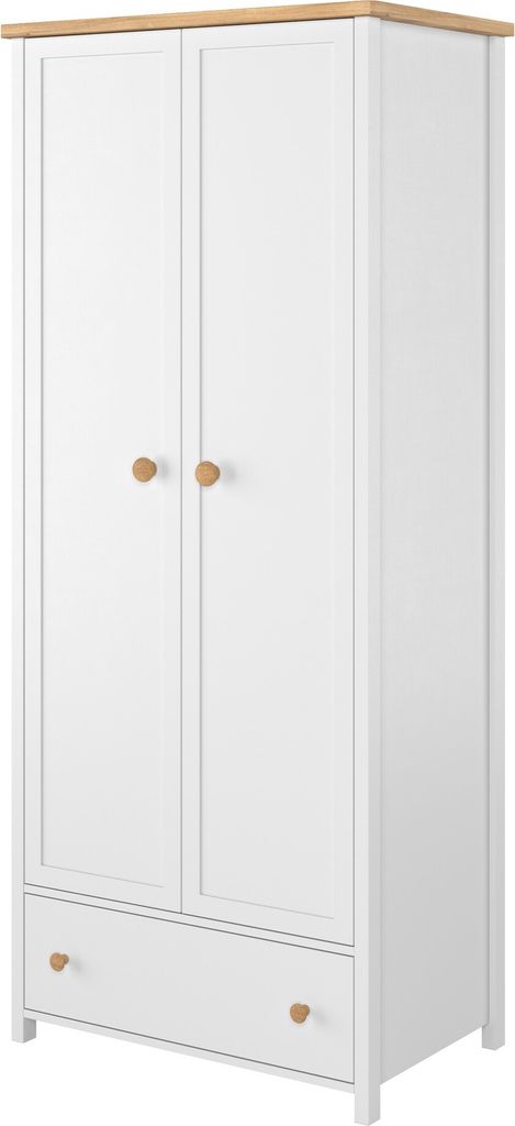 Furniture24 Kleiderschrank Story SO1 Schrank Mädchenzimmer Drehtürenschrank 2 Türiger mit Kleiderstange 1 Einlegeboden und Schubkästen Weiß/Na...