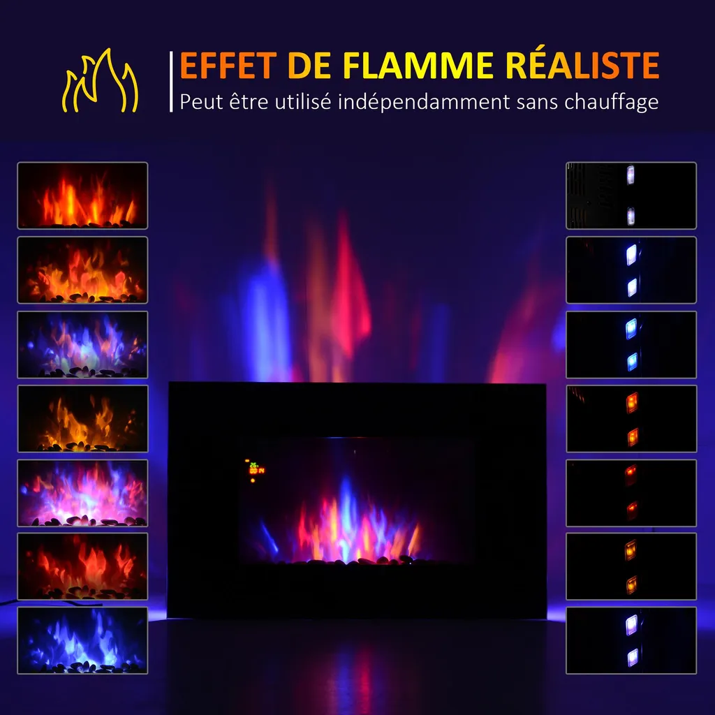 Cheminée Électrique Murale 2000W sans Conduit LED Homcom Noir Galets - 6