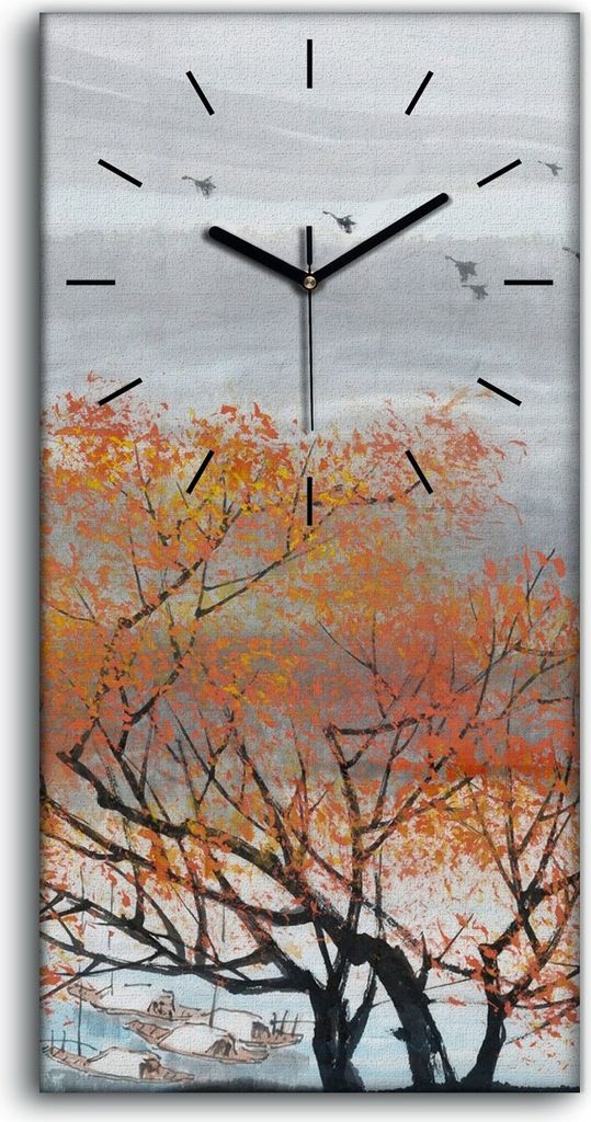 Wanduhr Bürouhr Leinwand Bild 30x60 Malerei Asiatische Berg Bäume Boote Kunst - schwarze Hände