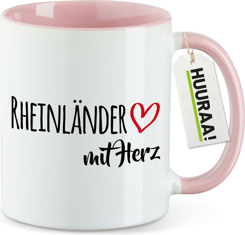 Huuraa Kaffeetasse Rheinländer mit Herz 330ml Rosa Keramik Kaffeebecher Geschenkidee