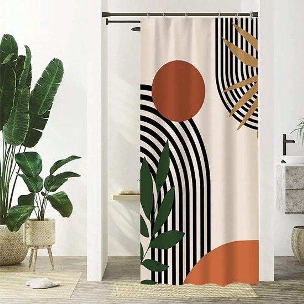 Terracotta Duschvorhang, klein, 90x180cm, oranger, bohemischer Stil, Abstract, grüne Blätter, Polyester, schimmelhemmend, waschbar, für Badkammer