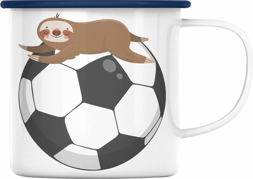 Trendation - Fussball Emaille Tasse Geschenk Jungs Fußballer Geschenkidee Lustige Faultier Grafik (Blau)