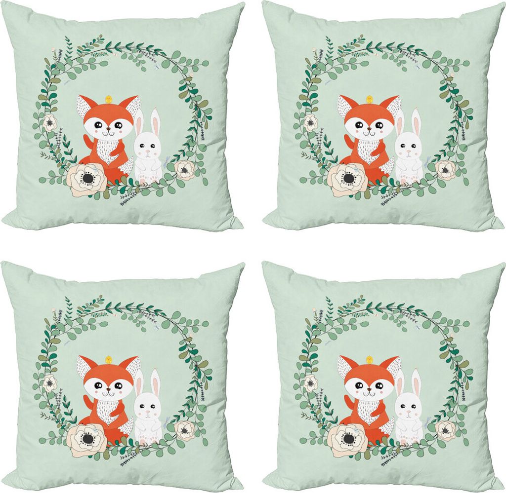 ABAKUHAUS Cartoon-Tier Kissenbezug Set (4 Stück), Freunde Fox Kaninchen, Moderner Doppelseitiger Digitaldruck, 50 cm x 50 cm, Hellgrün Vermilion