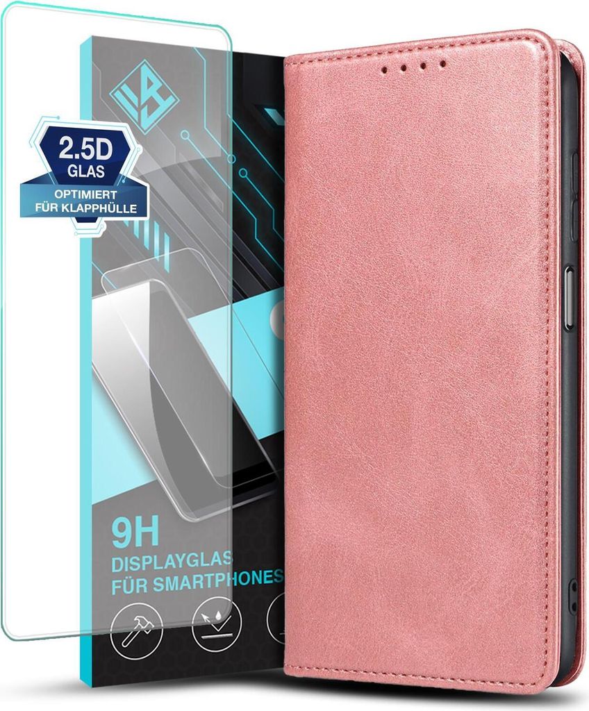 Handyhülle für Samsung Galaxy A05s mit 9H Displayglas Kunstleder Flip Cover Hülle Handytasche Case Kartenfach Farbe: Rosa