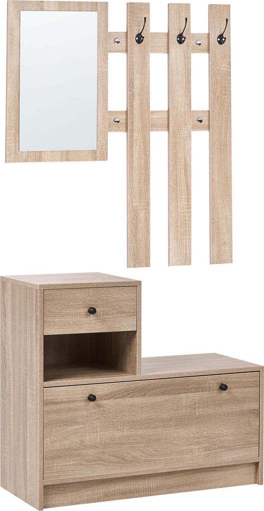 BELIANI Garderoben-Set Hellbraun Spanplatte Holzoptik mit Schuhschrank Spiegel Haken Aufbewahrung Flurset Flurmöbel