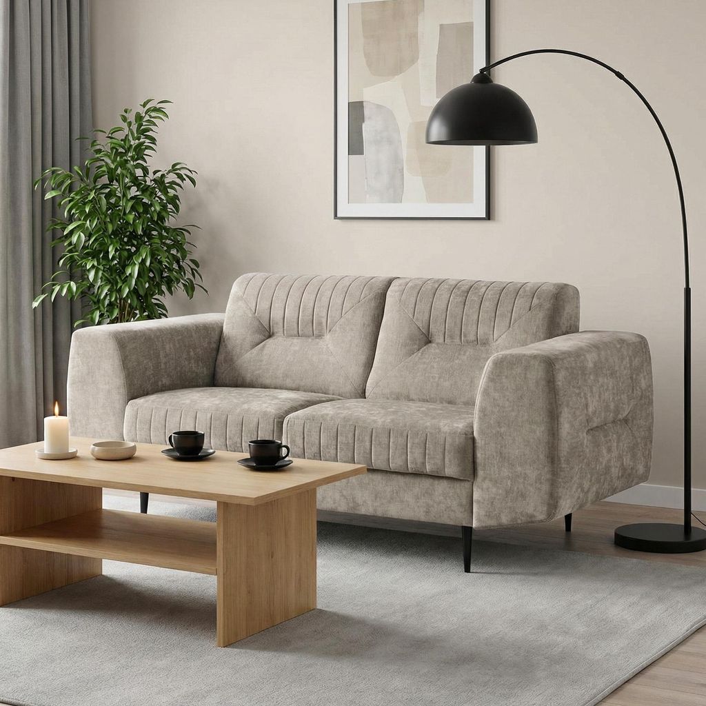 BEAUTYSOFA | 2-Sitzer Sofa VENEZIA Chenillestoff Beige – Polstersofa mit Metallbeinen Schwarz, Couch Wohnzimmer, modernes Sofa ohne Schlaffunktion