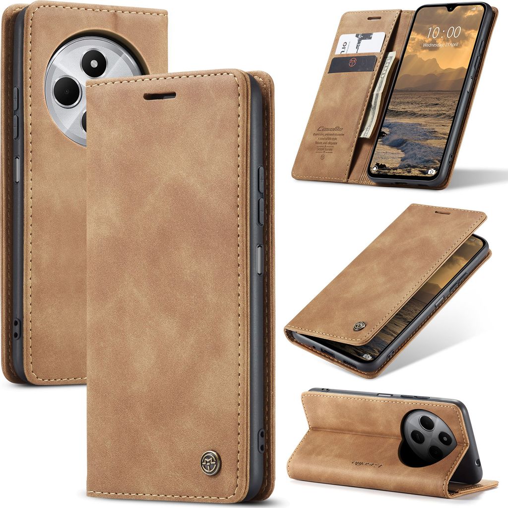 Hülle für Xiaomi Redmi 14C Retro Kunstledertasche mit Standfunktion Schutzhülle Braun