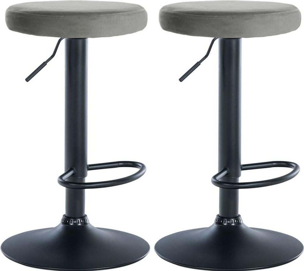 2-teiliges Set Barhocker - Küchenhocker - Samtpolsterung, verstellbarer Komfort | Farbe: Grau | Material Chassis: Metall mattschwarz