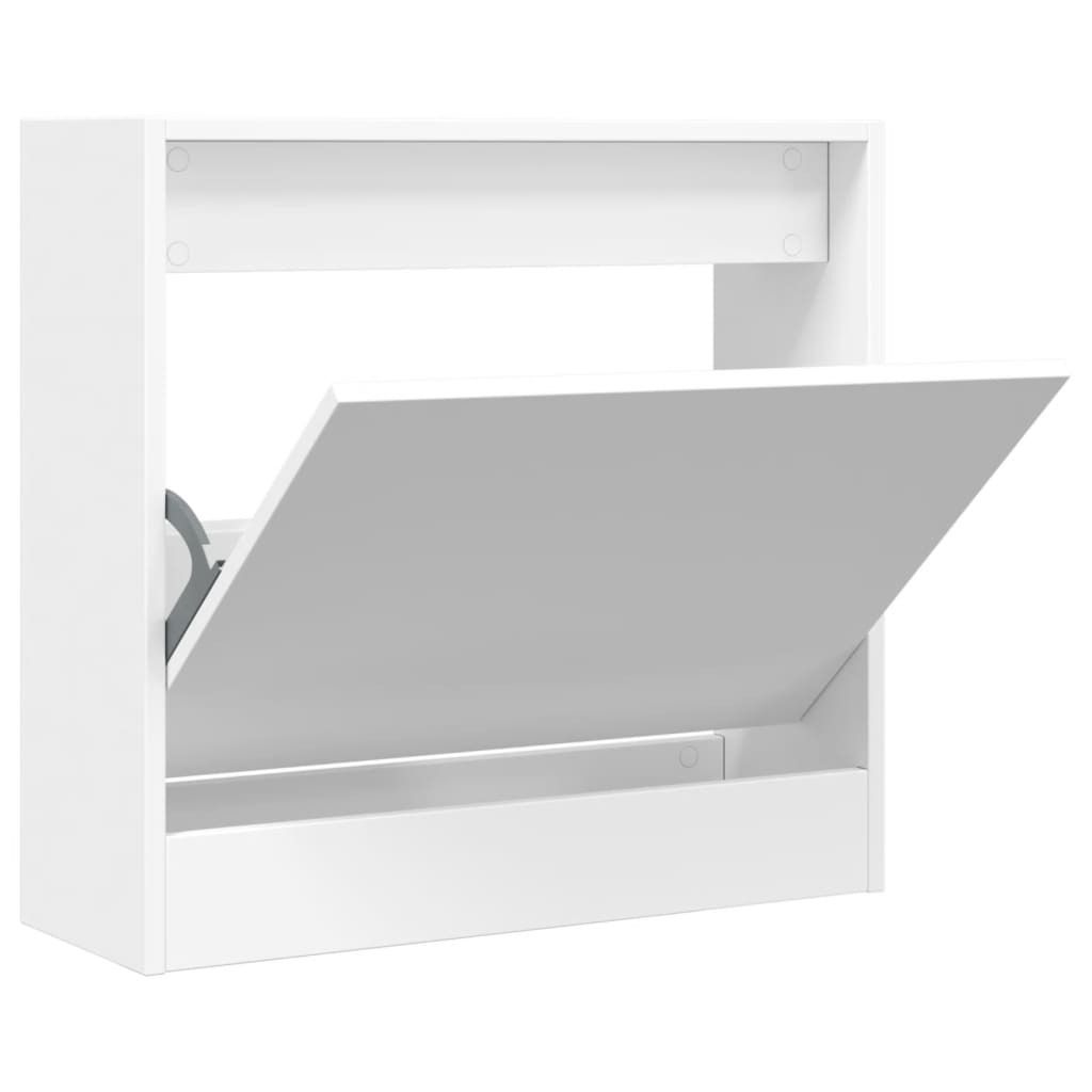 A white shoe cabinet with one drawer open.