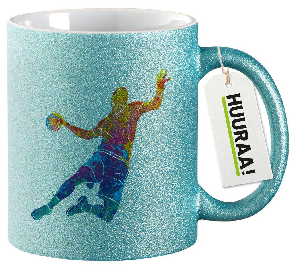 Huuraa Glitzertasse Handball bunte Silhouette 330ml Blau Keramik Kaffeebecher Geschenkidee