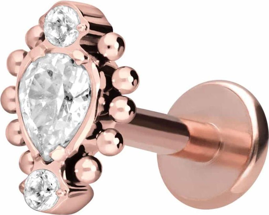 Ohrpiercing, Nasenpiercing Titan Labret mit Innengewinde 3 EINGEFASSTE KRISTALLE + KUGELN RoséGold Stablänge: 10mm | Stabstärke: 1,2mm