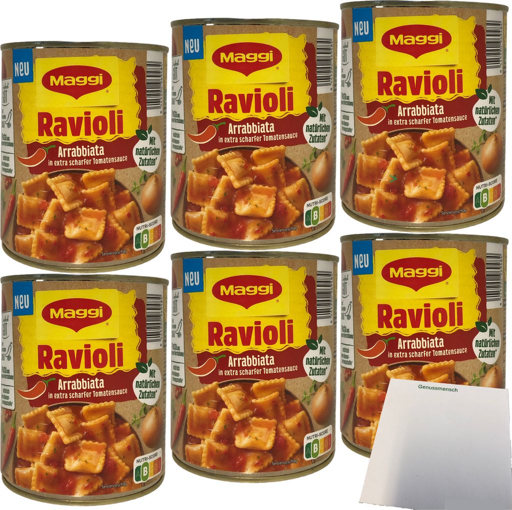 Maggi Ravioli Arrabiata in extra scharfer Tomatensauce 6er Pack (6x800g Dose) + usy Block