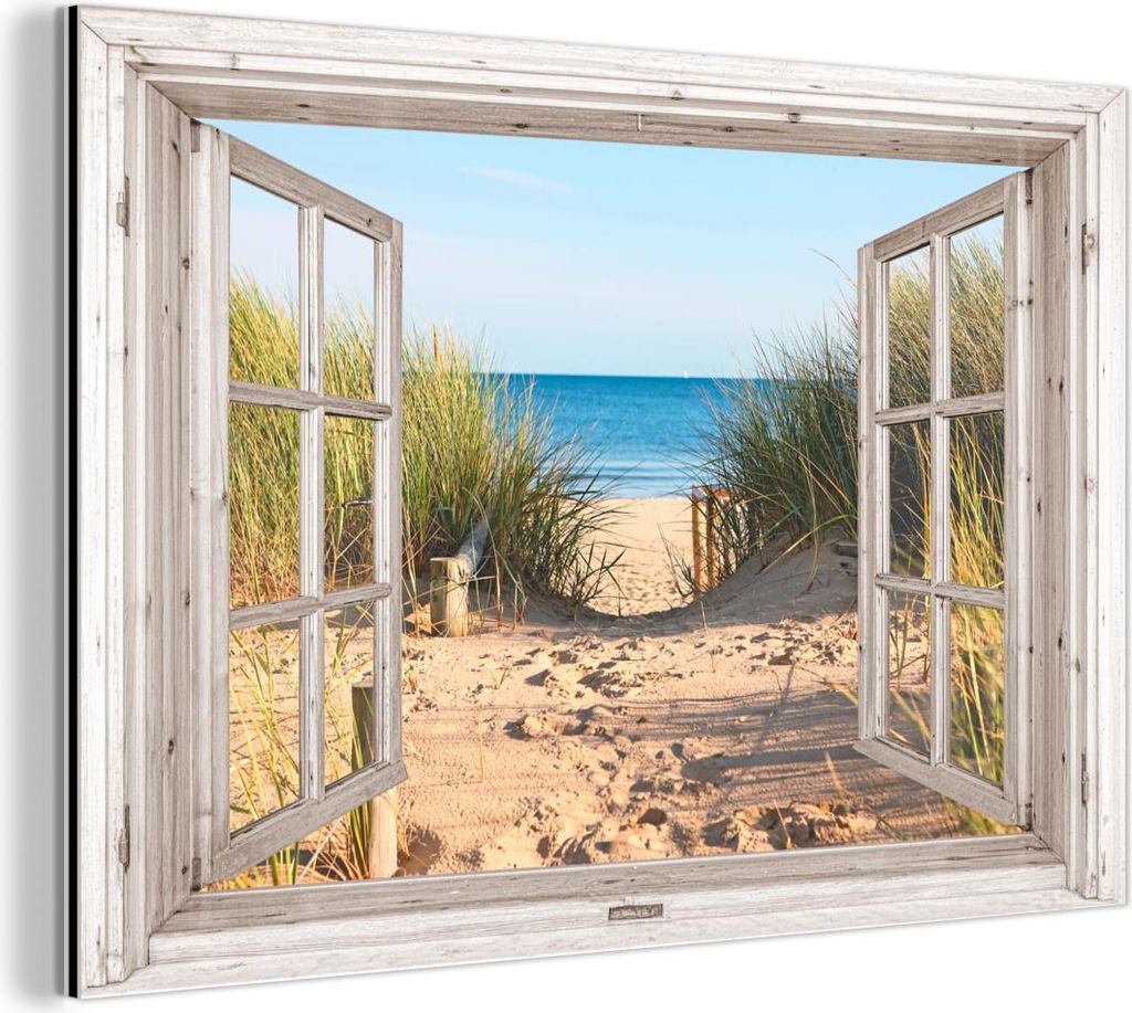 MuchoWow Wanddekoration Metall Metallbild Wandkunst 60x40 cm Durchblick - Strand - Meer - Dünen - Sand - Wasser - Hochgras MuchoWow Aluminium Gem...