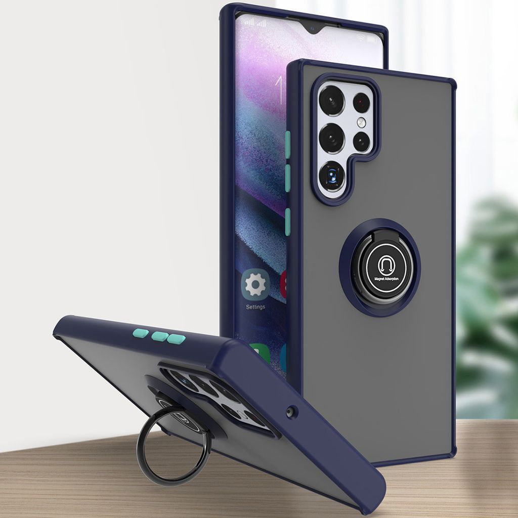 Samsung S22 Ultra 5G Hülle, Ring Halter Ständer Matte Transluzent TPU Rahmen Stoßfest Schutzhülle für Samsung Galaxy S22 Ultra 5G Blau