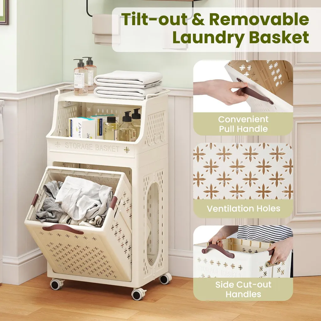 Eleganza Funzionale: Carrello COSTWAY 40L Beige per il tuo Bagno - 6