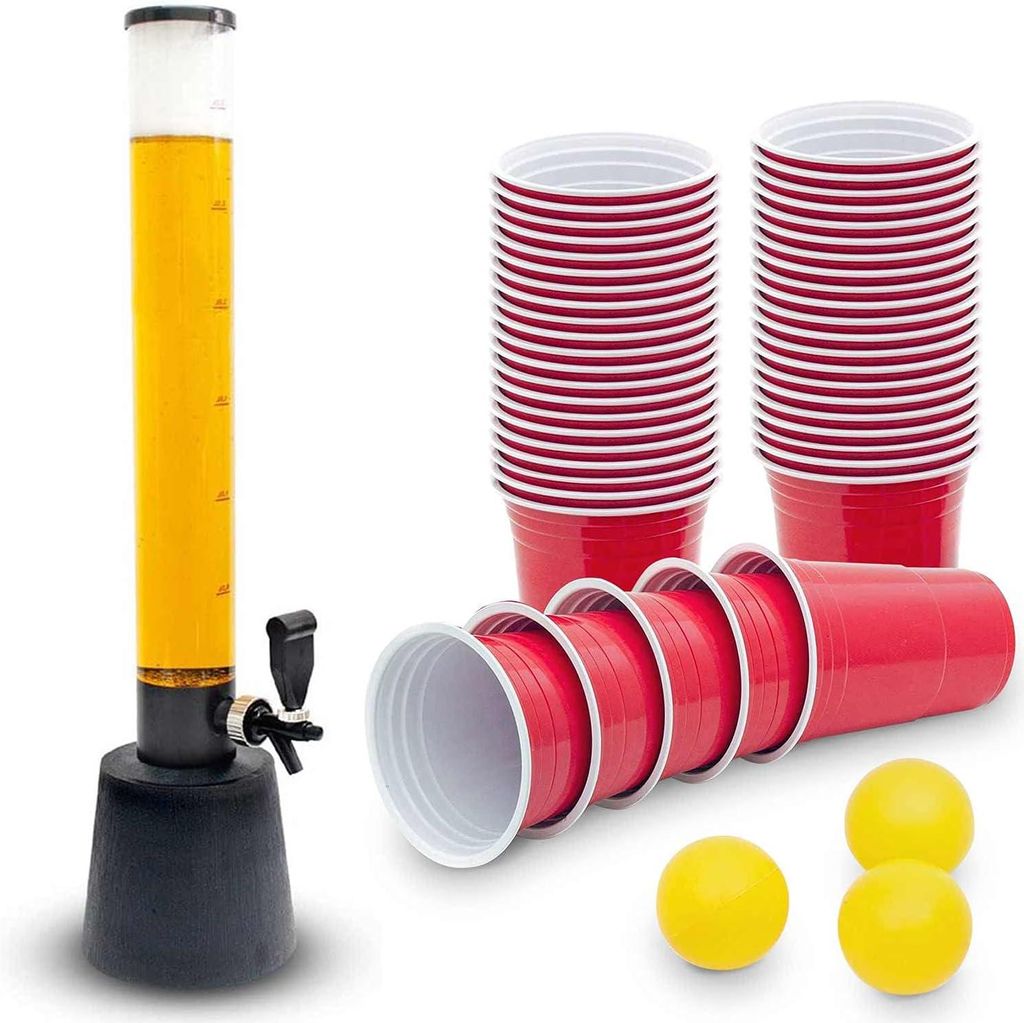 XXL Spalte Biertrinksäule Turm + 50 Trinkbecher - 3.5L|Extra Volumen Getränke Tower Zapfanlage mit Kühlung|Party Biertower fur all Getranke Geei...