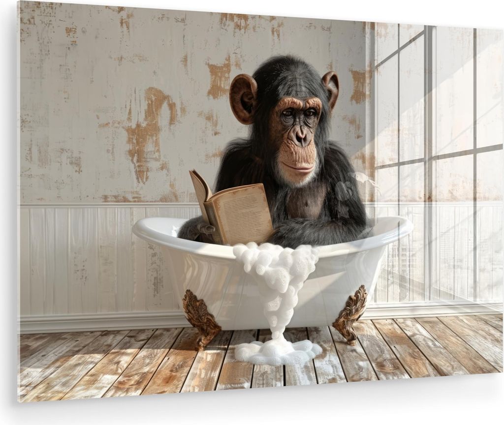 MuchoWow Glasbilder - Bilder auf Wandbild - Foto auf Glas Vintage - Affe - Badewanne - Schaumstoff - Tier 120x80 cm Wanddekoration aus Glas - Acryl...