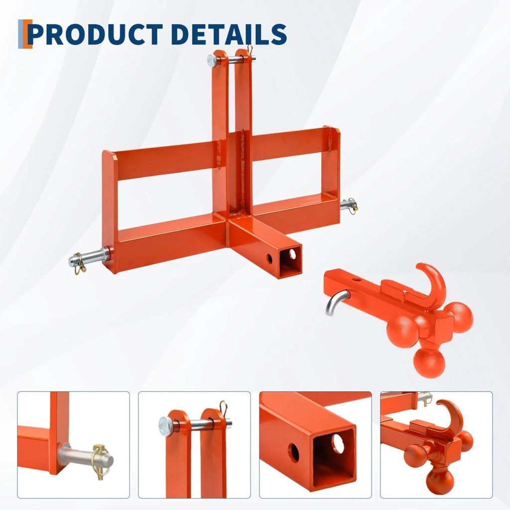 Traktor Dreipunktaufnahme - Kat 1 Anhängerkupplung - 5 cm Receiver - 4-Wege Kugelkopf - Koffergewicht Halter - 4,5 t Tragkraft - orange Stahl