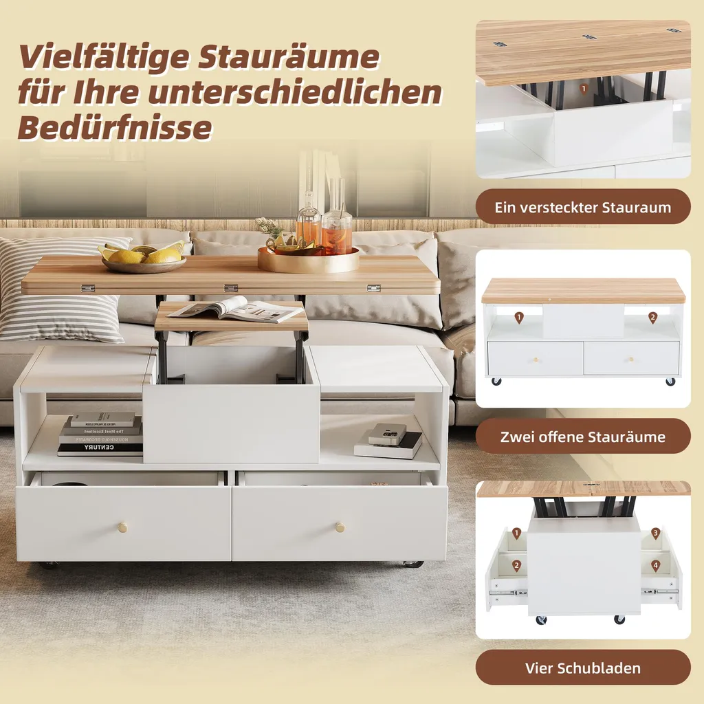 Table Basse Relevable et Extensible en Bois de Noyer avec Roulettes - 4