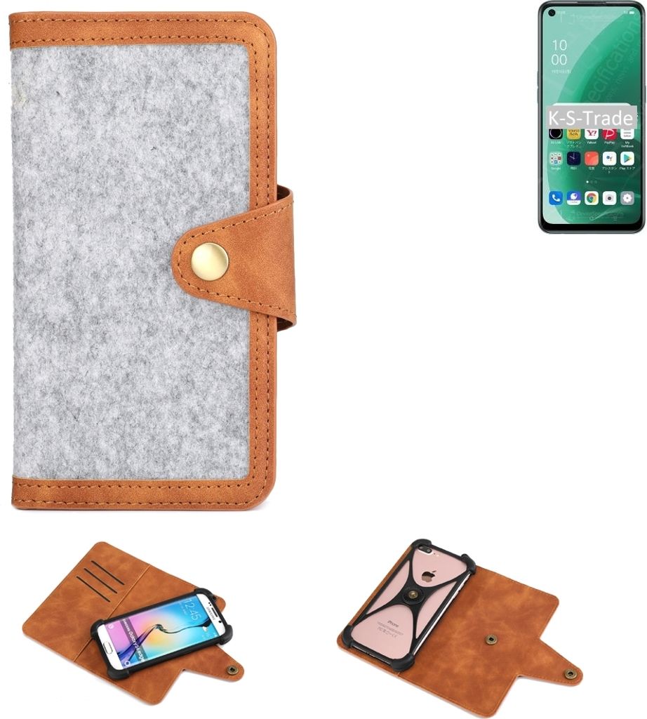 K-S-Trade Handyhülle kompatibel mit Oppo A55s 5G Schutzhülle Filz-Hülle Kunst-Leder hellgrau braun (1x)