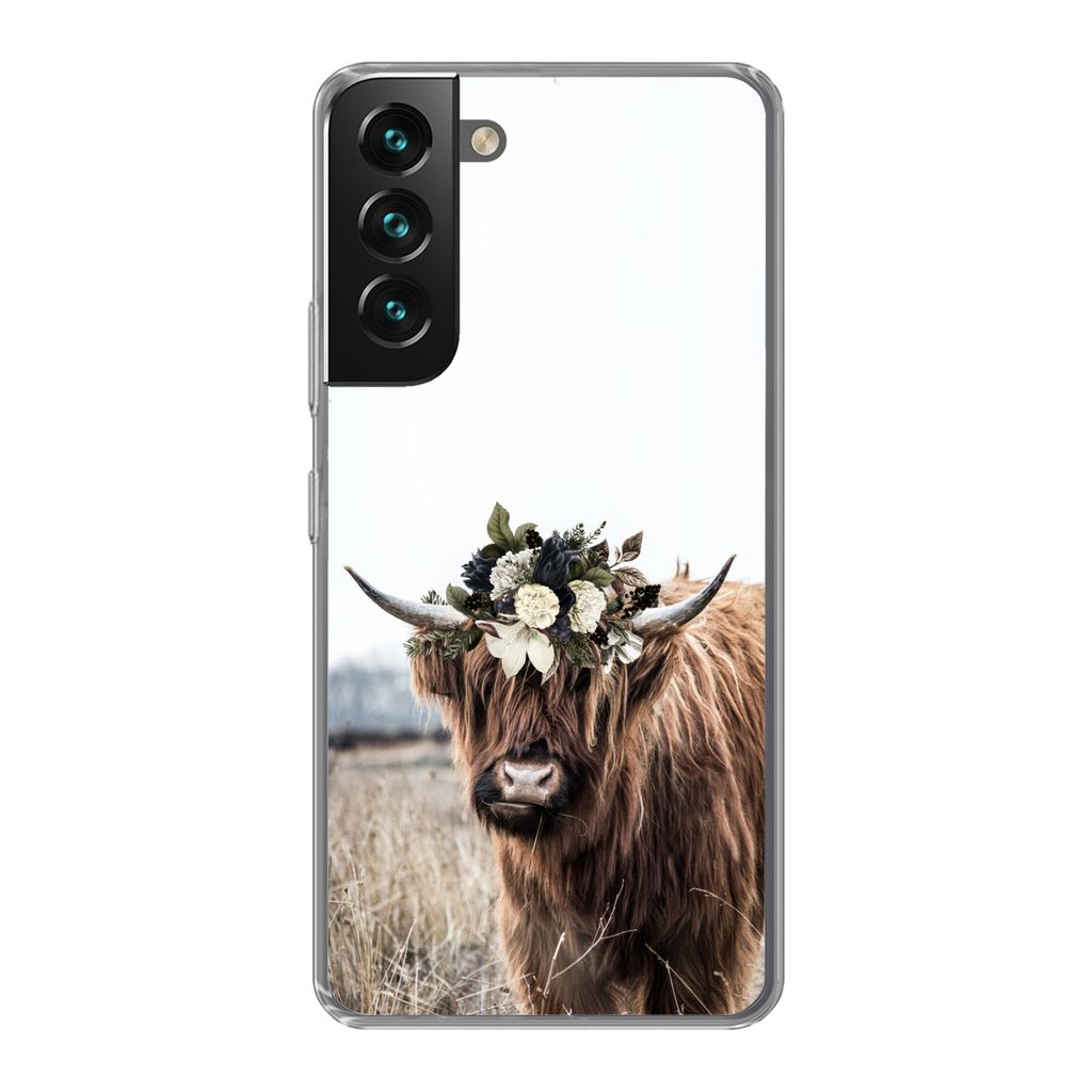 MuchoWow Handyhülle Schutzhülle Hülle für Samsung Galaxy S22 Schottischer Highlander - Blumen - Tiere Silikon Softcase Handy Hülle - Mobilte...