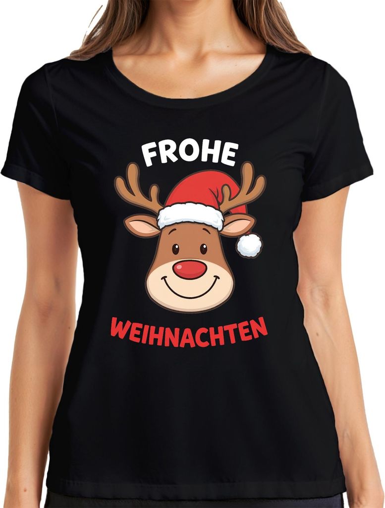 FROHE WEIHNACHTEN Rentier Weihnachtsmütze Cartoon Lustig Kinder Damen T-Shirt, Schwarz, L