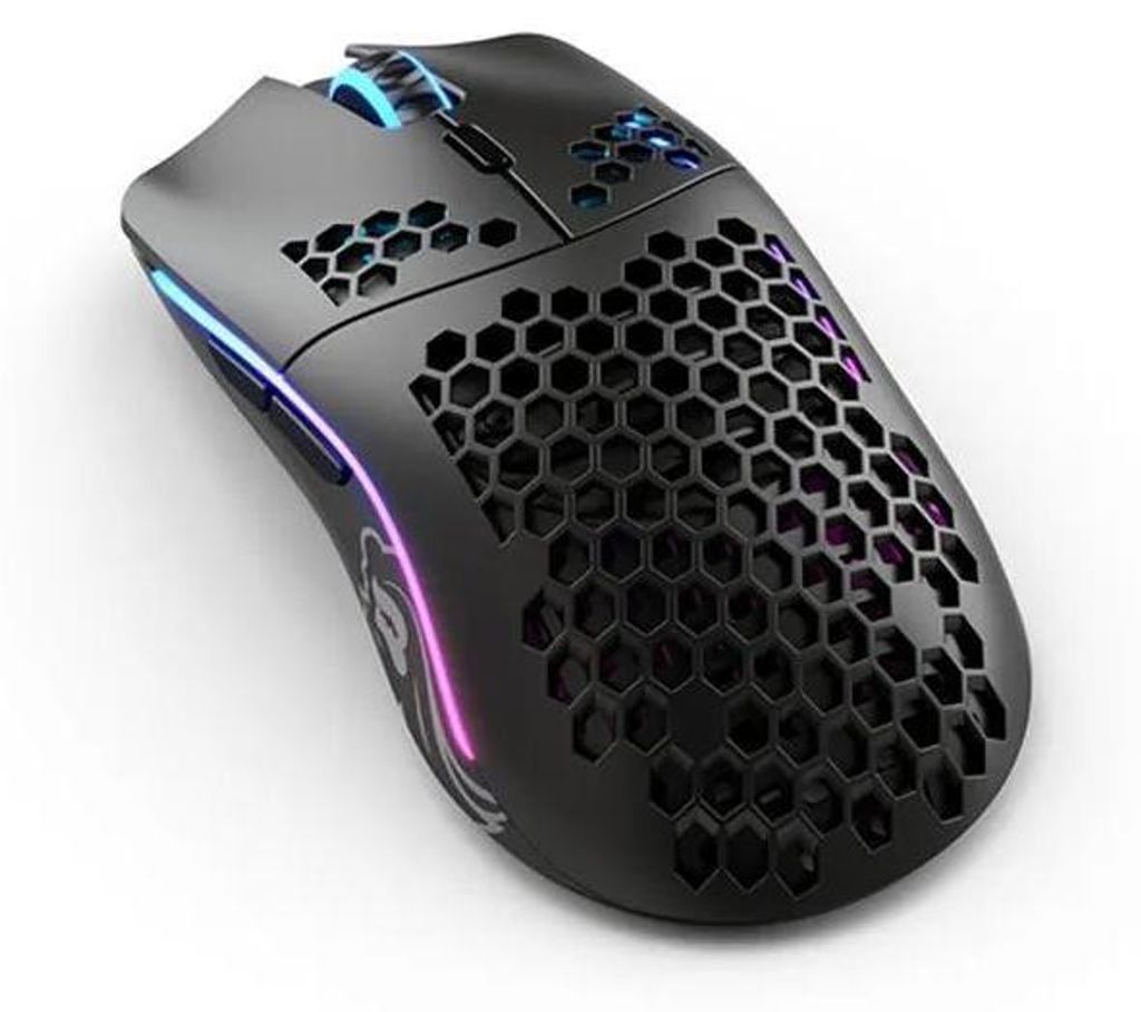 A black gaming mouse with honeycomb cutouts and RGB lighting.