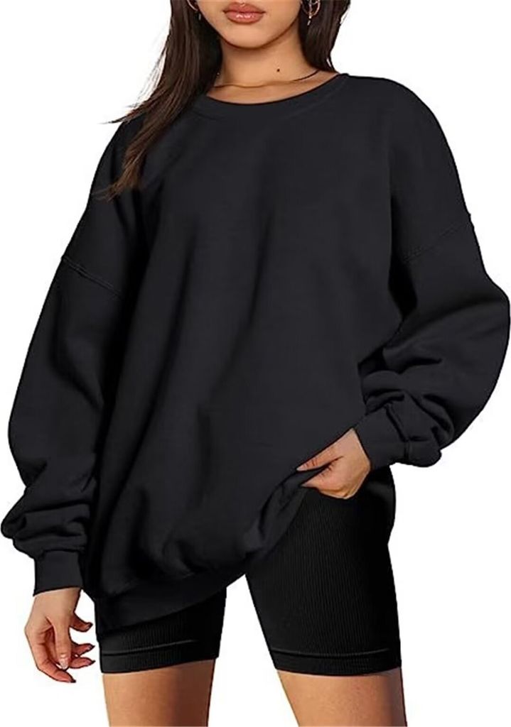 ASKSA Damen Sweatshirts Basic Rundhals Langarmshirt Loose Fleece Pullover Casual Oberteile Tops, Schwarz, M