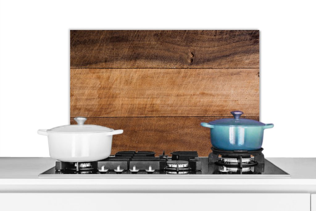 KitchenYeah Spritzschutz Küche - Küchenrückwand - Wandschutz für Herd und Spüle - Ein Bild eines en Holzschneidebretts mit verschiedenen Me...