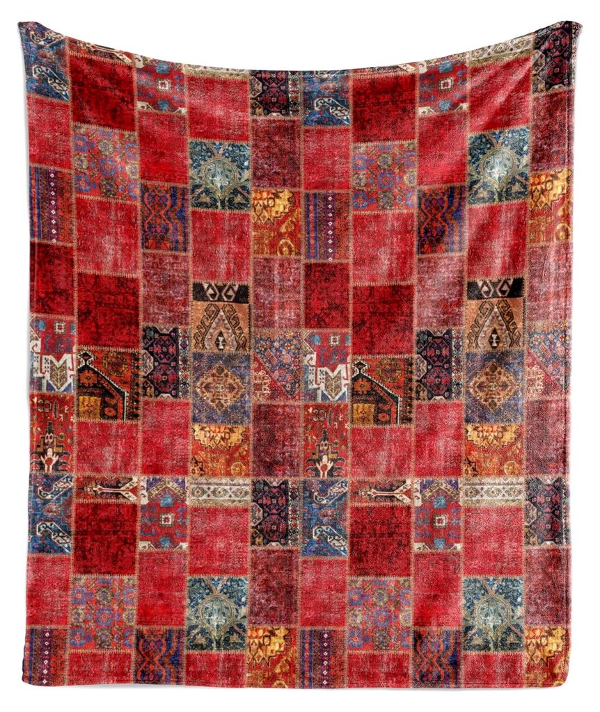 Orientalische Weiche Kuscheldecke, Ethnische Zierquadrate, Gemütlicher Plüsch für Innen- und Außenbereich, 175 x 230 cm, Dunkelkoralle Multicolor