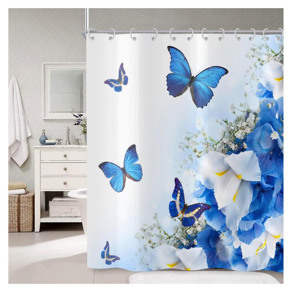 Duschvorhang Blau 180x180 cm, Blumen und Schmetterlinge für das Badezimmer, wasserdicht und waschbar