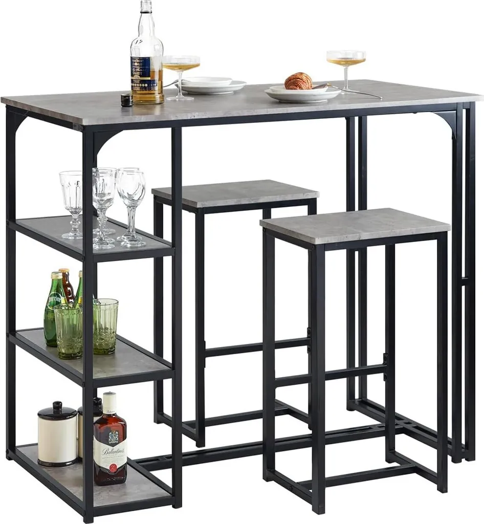 SoBuy Set de table bar gris : 1 table haute et 2 tabourets style industriel