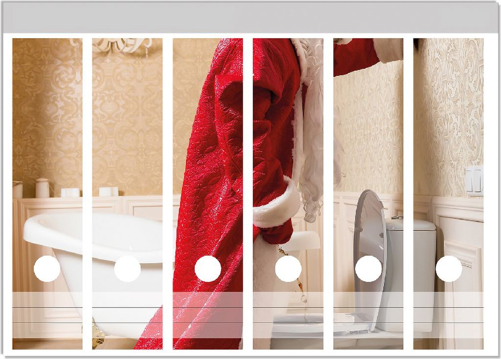 Wallario Ordnerrücken Sticker, selbstklebend für breite Ordner, 6 Stück, Motiv Weihnachtsmann macht Pause und pinkelt auf edler Toilette