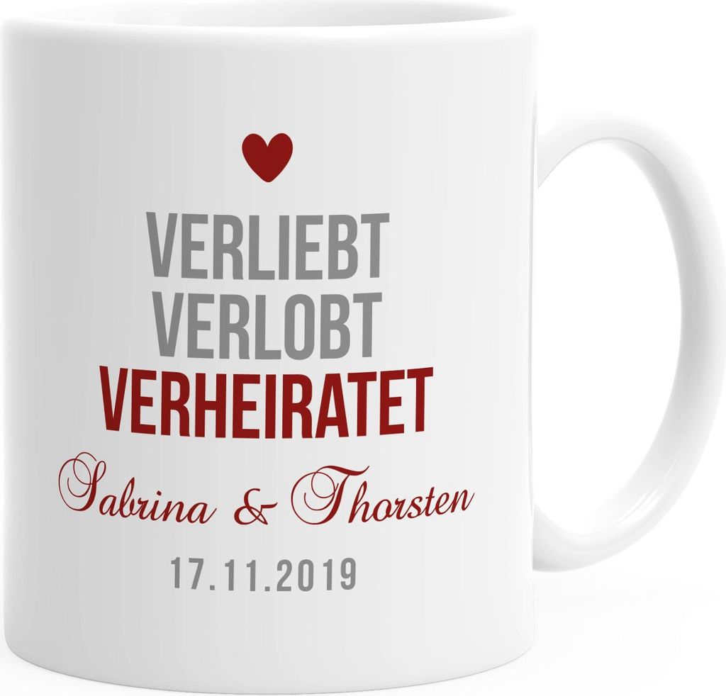 personalisierte Kaffeetasse mit Namen und Datum anpassbar Hochzeitsgeschenk Verliebt verlobt verheiratet SpecialMe weiß Keramik-Tasse
