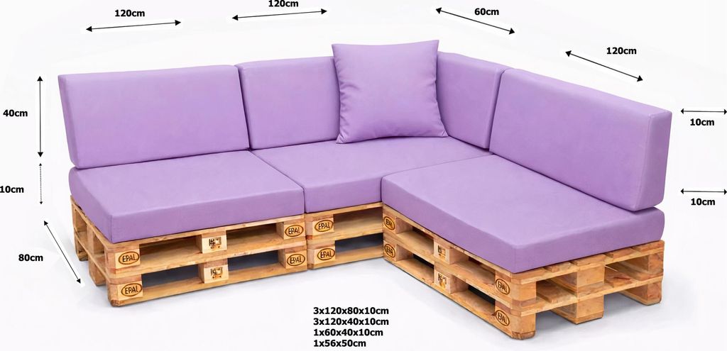 Setgarden Large Palettenkissen 8er Set Outdoor 120x80x10cm Sitzkissen + Rückenkissen 120x40x10cm 1tlg Purple