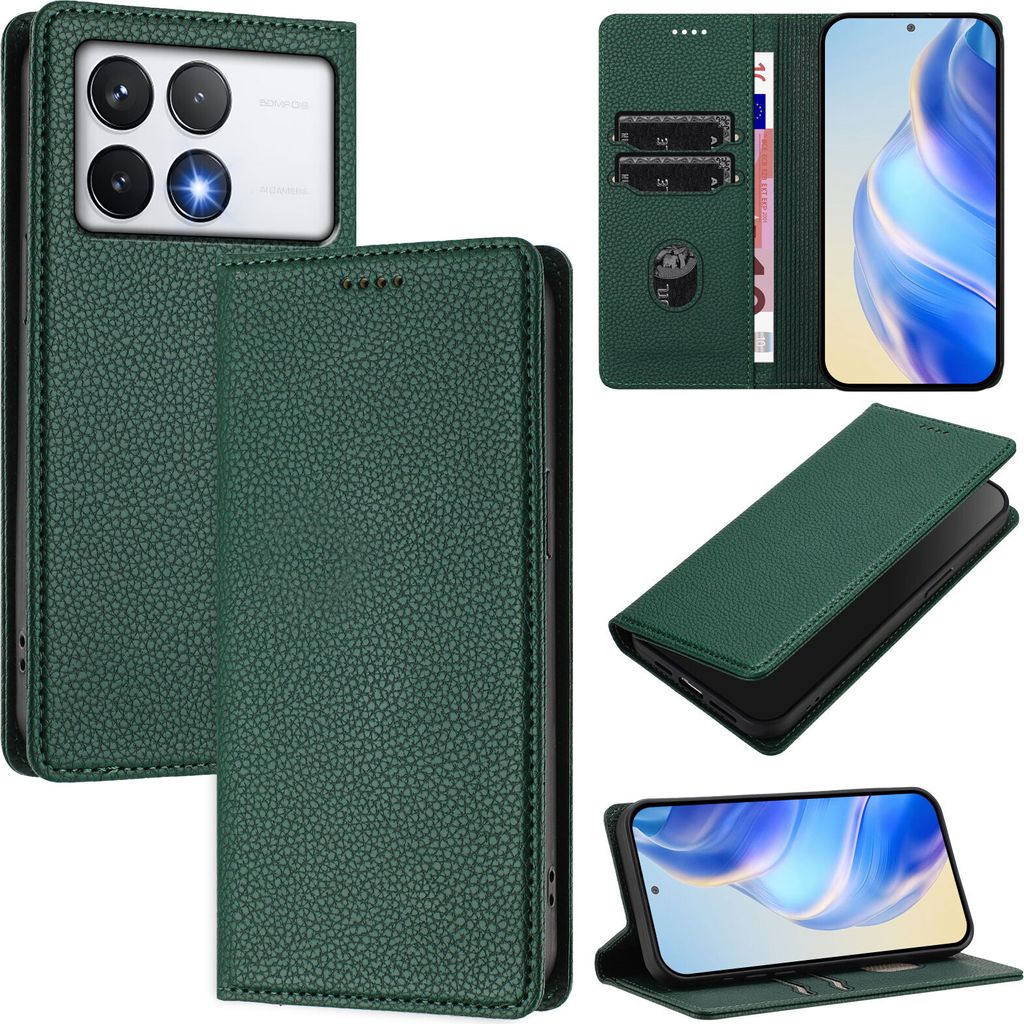 Litchi Leder Handyhülle für Xiaomi Poco F6 Pro/Redmi K70/K70 Pro Wallet Kartenfächer Standfunktion Hülle Grün