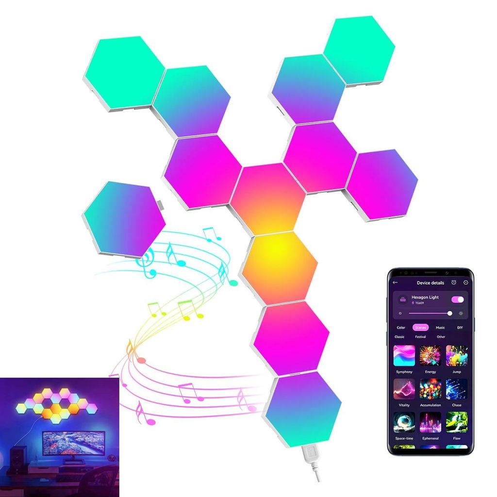 12er LED Hexagon Wandlampen, RGB Lichtpaneele, Musiksteuerung via App, DIY Mood Lamp, Bluetooth Wandbeleuchtung, Wohnzimmer
