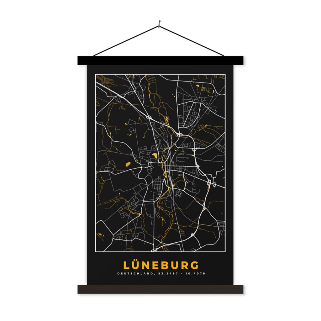 MuchoWow Textilposter Gold - Deutschland - Karte - Stadtplan - Lüneburg 40x60 cm mit schwarzem Rahmen - Wanddekorationen