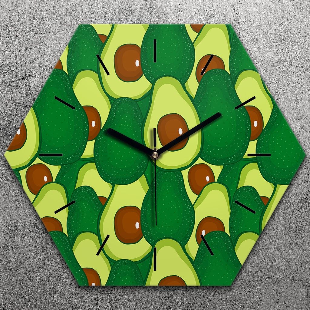 Uhr hexagonal 40 cm Glas Geräuschlos schwarze Zeiger - Avocado Handzeichnung