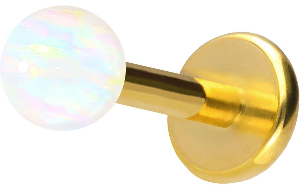 Ohrpiercing, Nasenpiercing Titan Labret mit Push Fit SYNTHETISCHER OPAL Gold Stablänge: 8mm + Stabstärke: 1mm + Kugelgröße: 3mm