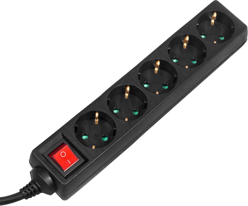 A black power strip with a red on/off switch and multiple sockets, isolated on a white background.