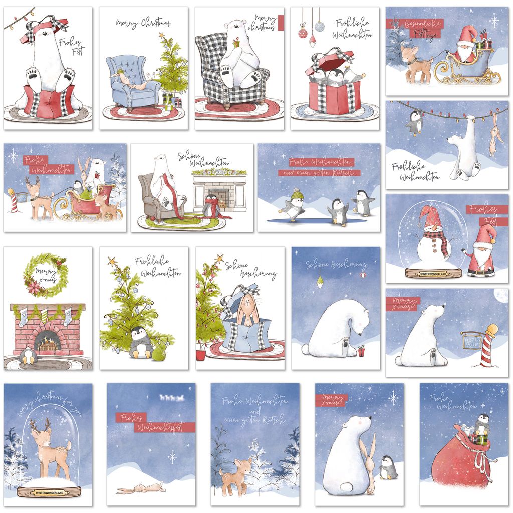 24 Postkarten Weihnachten Weihnachtskarten Set modern Tiere Schneemann Din A6 