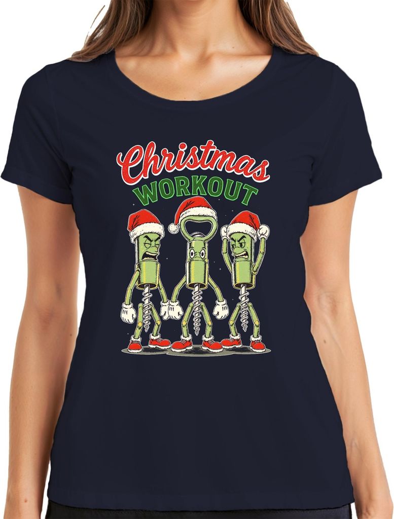 Christmas Workout Korkenzieher Flaschenöffner Wein Weihnachten Damen T-Shirt, Navy, XXL