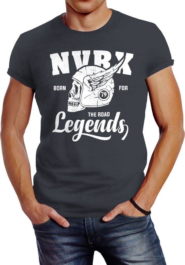 Herren T-Shirt Biker Racer Shirt Helmet Wings Motorradhelm Flügel Skull Legends Slim Fit Neverless dunkelgrau 4XL