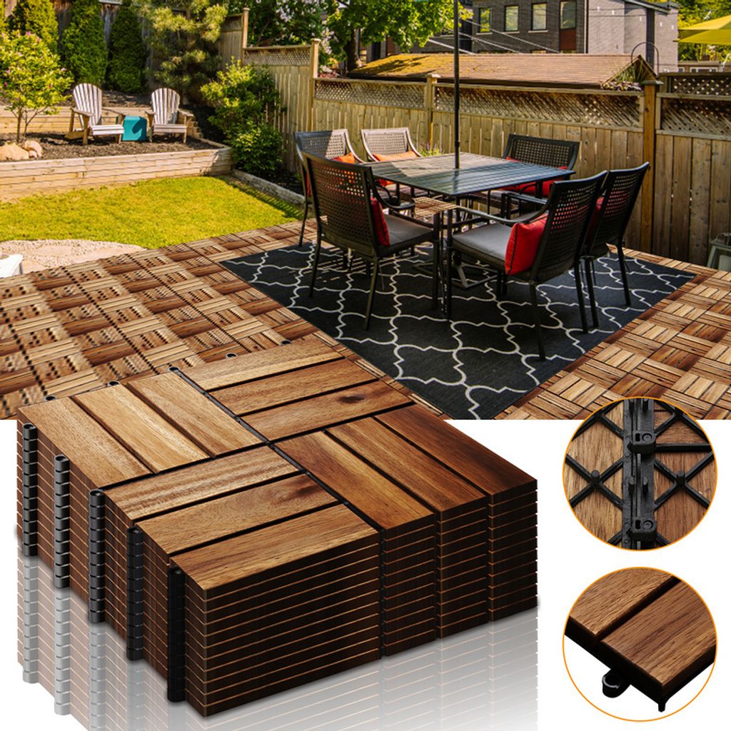 Jopassy 4m² Holzfliesen Mosaik Akazienholz Fliese 44 Stück 30x30 cm Balkonfliesen Gartenfliesen Terrassenfliesen für Garten Terrasse Balkon