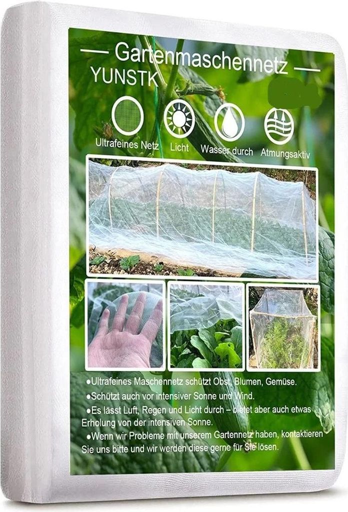 A product packaging with marketing images and text describing a garden mesh net.