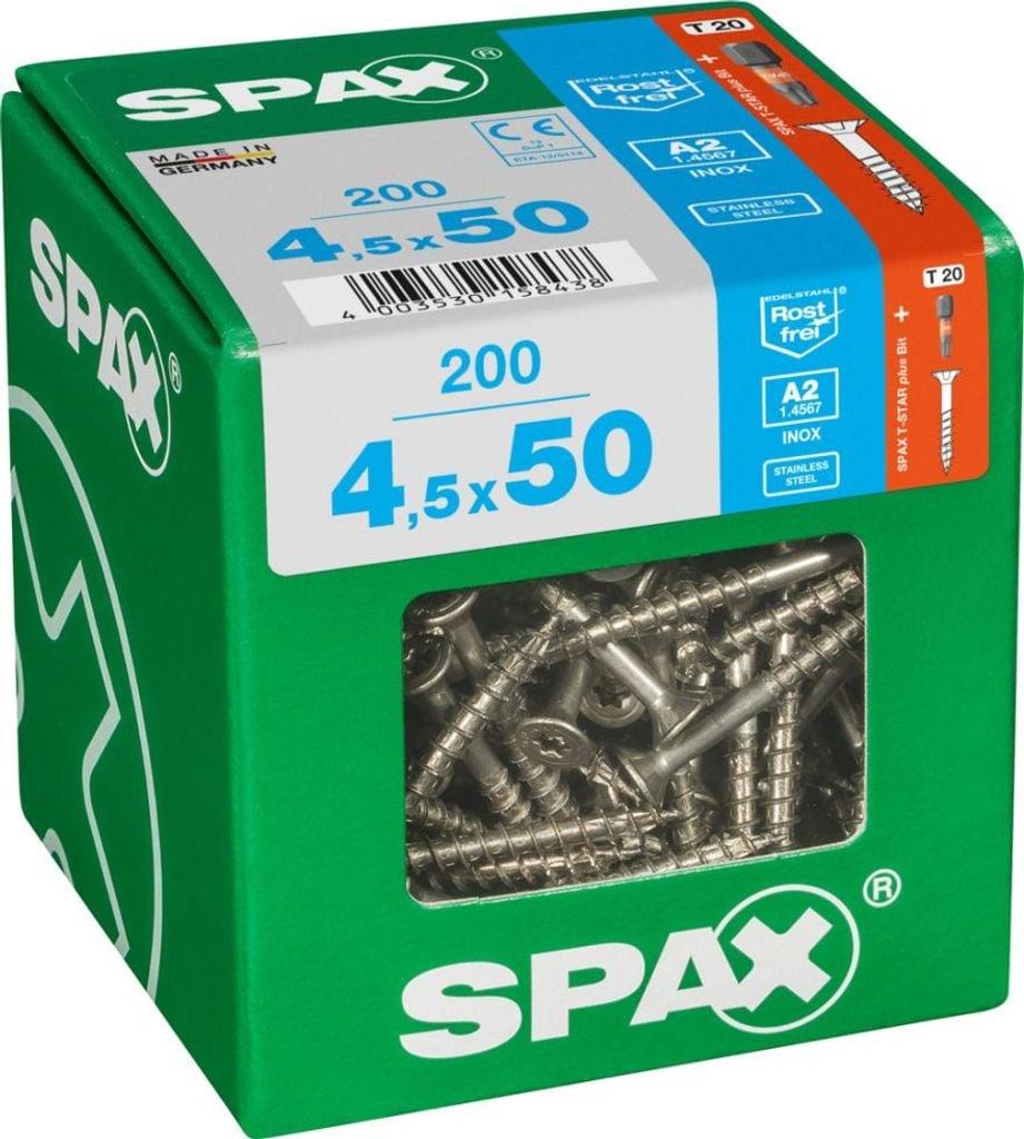 Spax Edelstahlschraube, 4,5 x 50 mm, 200 Stück, Teilgewinde, Senkkopf, T-STAR plus T20, 4CUT, Edelstahl rostfrei A2, 4197000450506